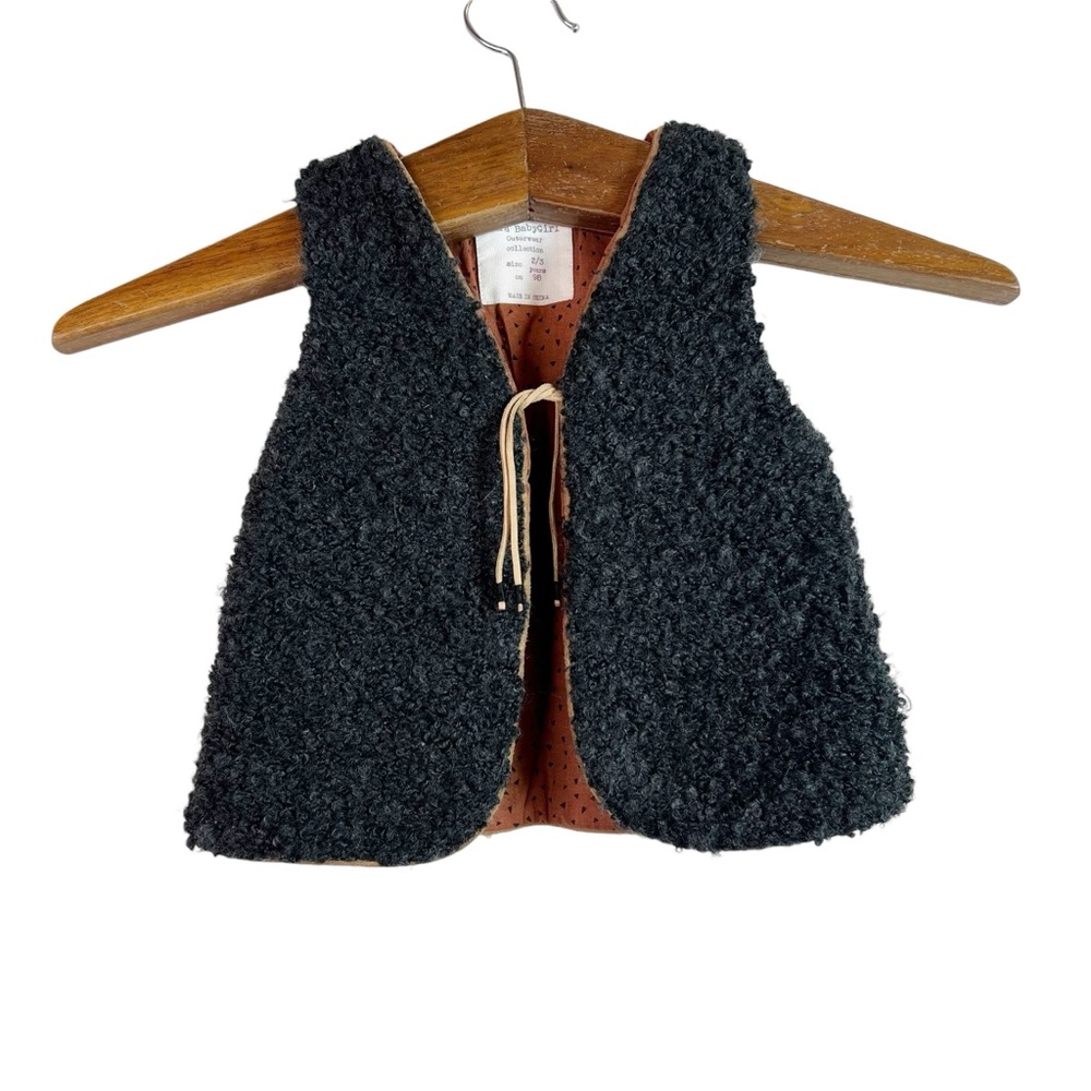 Zara BabyGirl Boho Fur Vest Gray Lined Front Tie Size 2/3